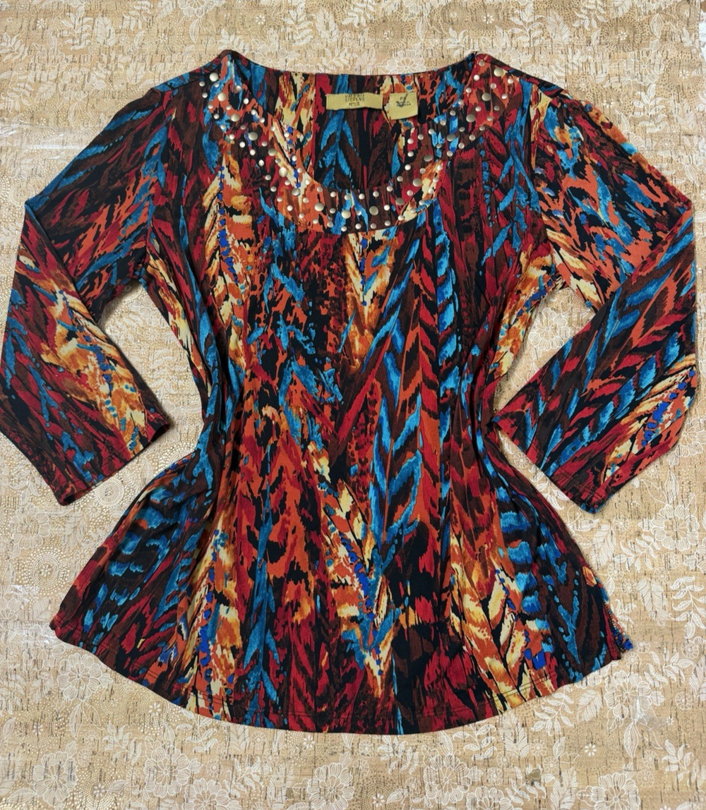 Women's Valerie Stevens Petite PS Embellished Patterned Pullover Top Western